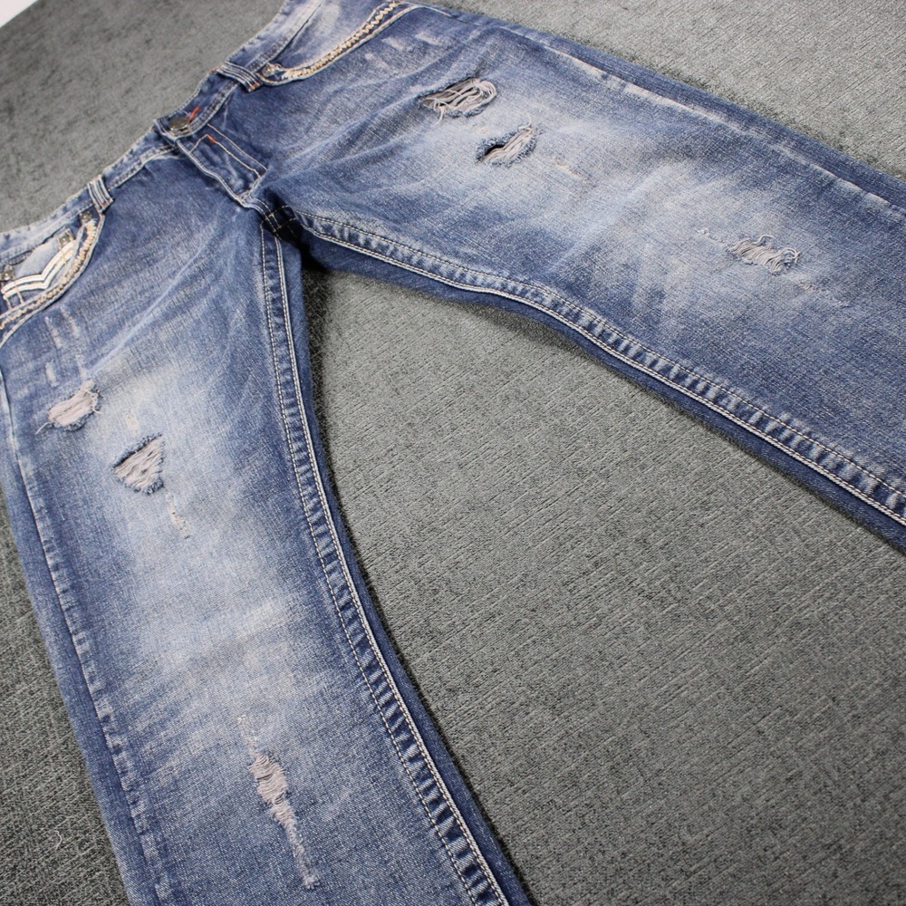 GS-115 Premium Mens Distressed Straight Leg Jeans Blue Medium Wash Size 38